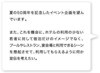 夏の50周年を記念したイベント企画を望んでいます。また、これを機会に、ホテルの利用の少ない若者に対して宿泊だけのイメージでなく、プールやレストラン、宴会場と利用できるシーンを想起させて、利用してもらえるように何か宣伝を考えたい。