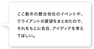 ここ数年の競合他社のイベントや、クライアントの要望をまとめたので、それをもとに各自、アイディアを考えてほしい。